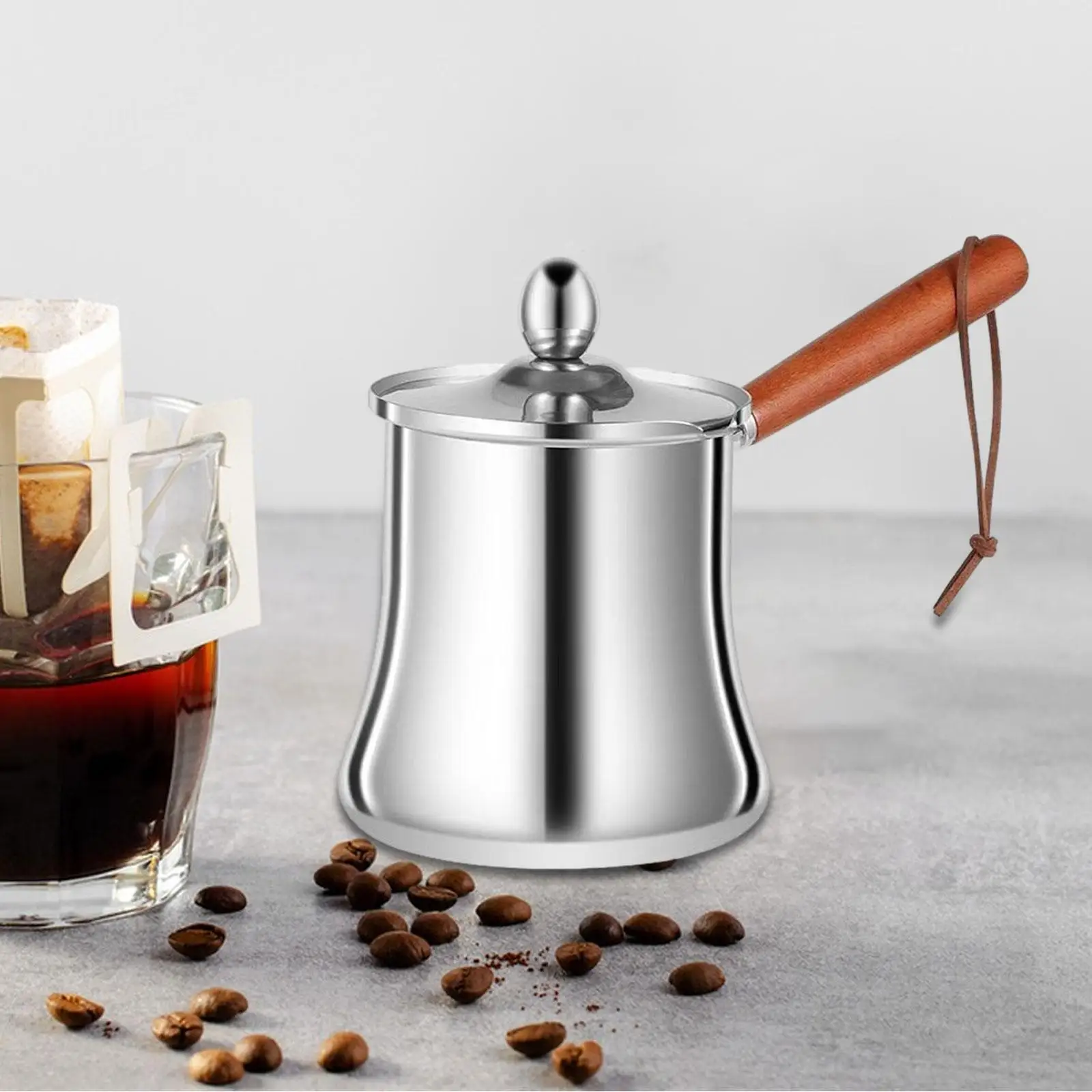 Coffee Pot Turkish Stainless Steel Milk Warmer Long Heat Resistant Wooden Handle Small Boiling Pan for Restaurants Cafes view 4
