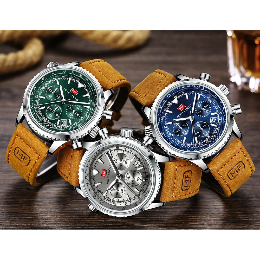 MINI FOCUS Multifunctional Casual Quartz Watch Watches for Men Chronograph Pilot Wrist Watch with Date Luminous Hands 0463G