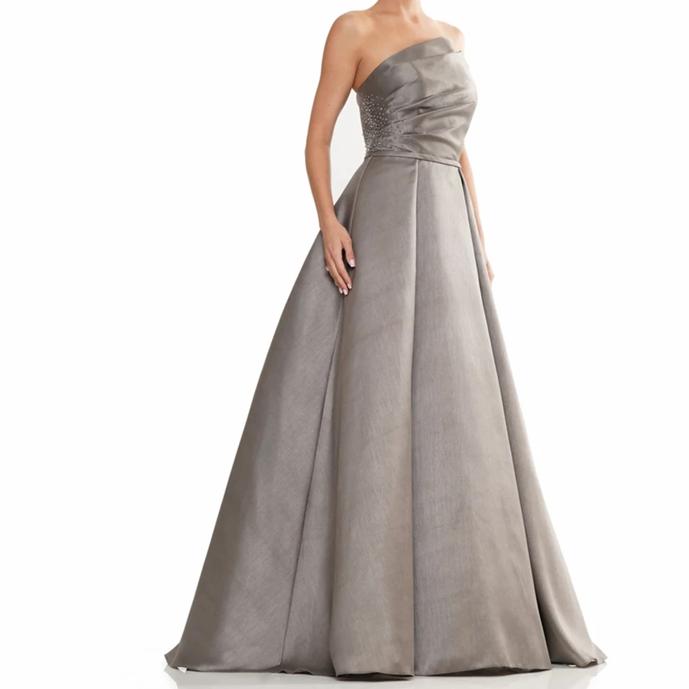 

CustomizedElegant Luxury Evening Dress 2024 Boat Neck A-Line Satin Sequined Crystal Sweep Train Floor Length Sleeveless Pleats P