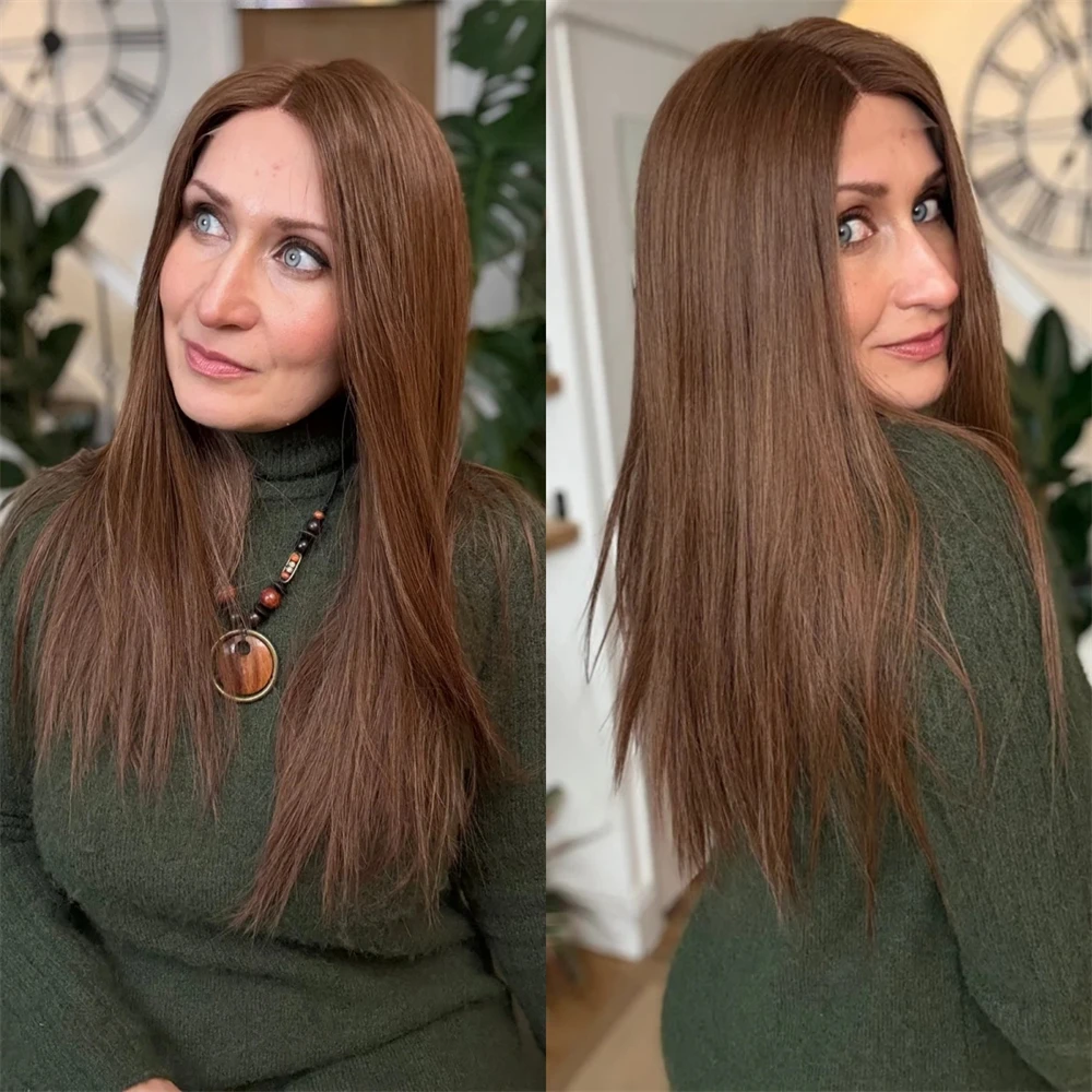 13x4 Free Part Chocolate Brown Synthetic HD Lace Front Wig Mixed Human Hair Glueless Preplucked Hairline Soft Straight Hair 22''