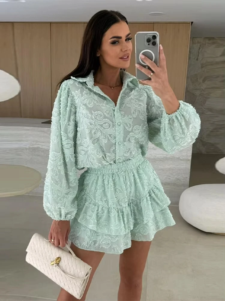 

Hollow Out Lace Mini Skirt Shorts Set Women Long Sleeve Single-breasted Shirts Ruffles Shorts 2 Pieces 2025 Loose Solid Suit