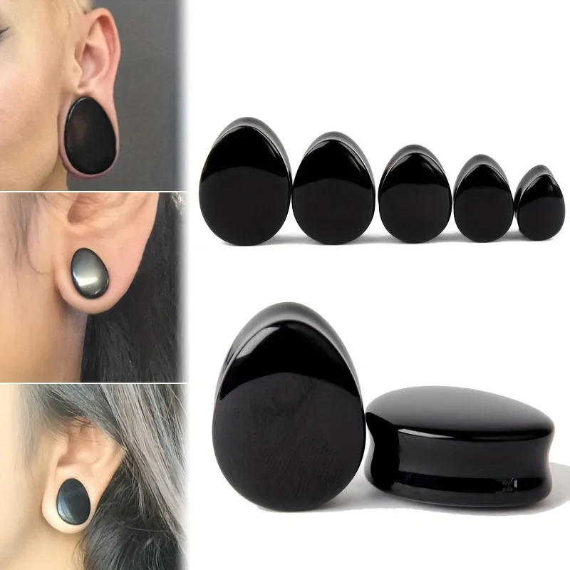 1 Pair Men's Water Drop Shape Obsidian Ear Contour Stone Ear Plugs Expander Gauges Tunnels Size 6mm-16mm Black Ear Jewelry