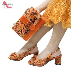 Orange New Arrivals 2024 Summer High Quality Design Flower Pu Leather Italian Women Shoes and Bag Set for Dress