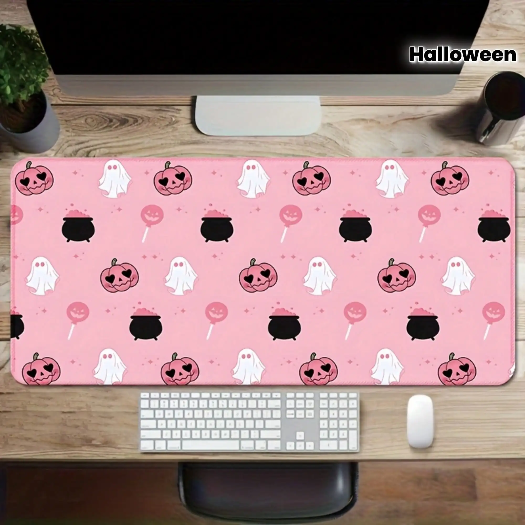 Extra-Large Halloween Mouse Pad With Pink Pumpkin, Featuring A Non-Slip Rubber Base And A Smooth Surface, Ideal For Gaming And Office Use, Making It A Perfect