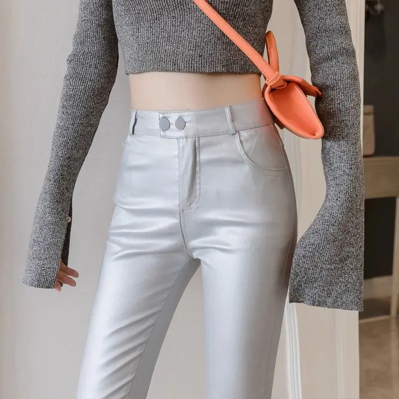 

Silver-gray Leggings Women's Outer Wear Fleece Pants Autumn and Winter Matte Tight High-waisted Pu Leather Pants Yoga Trousers