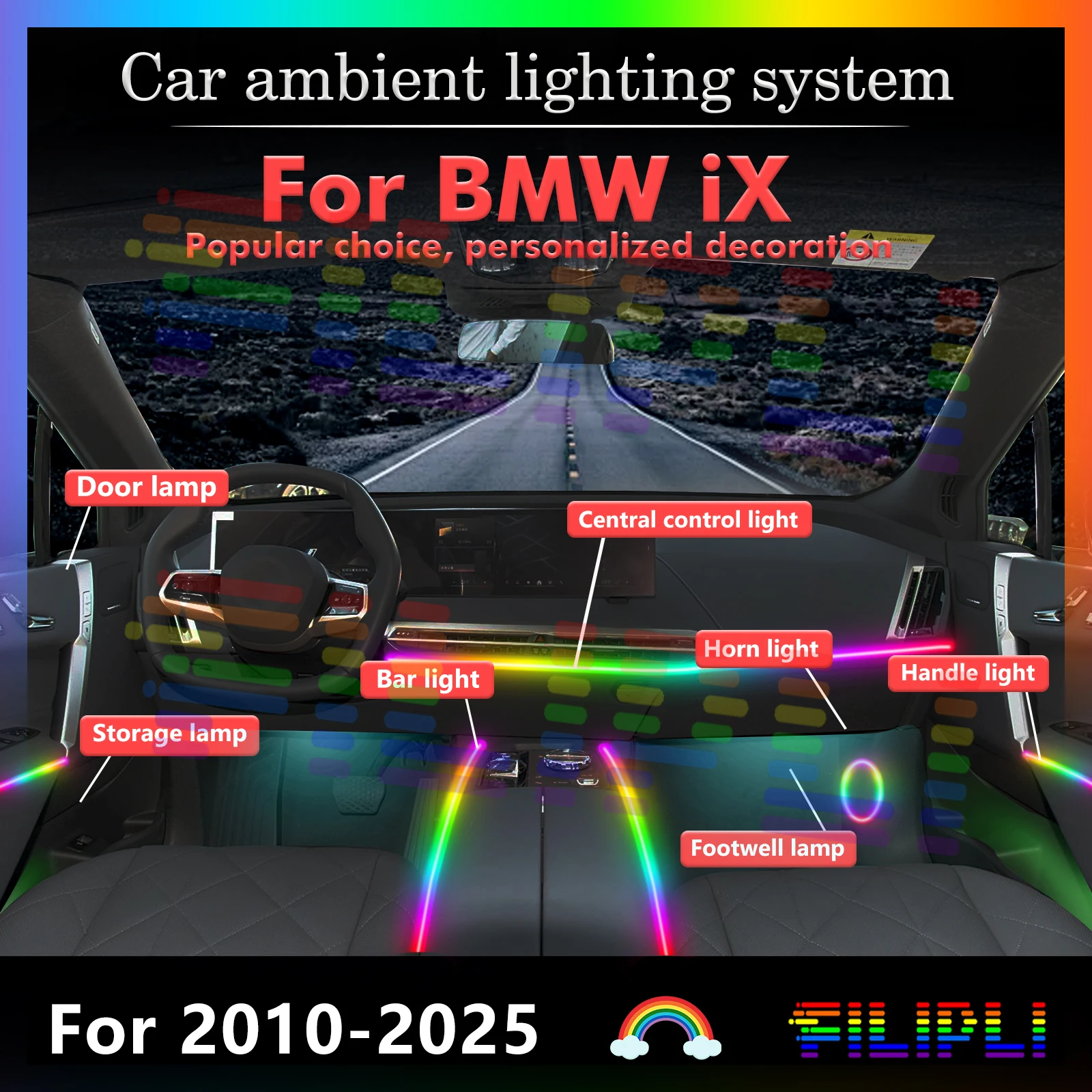 

6 In1 for BMW IX series i20 G08 NA5 Car LED Ambient Lamps Colorful Atmosphere Light Auto Interior Neon Strip 64 RGB Lighting APP