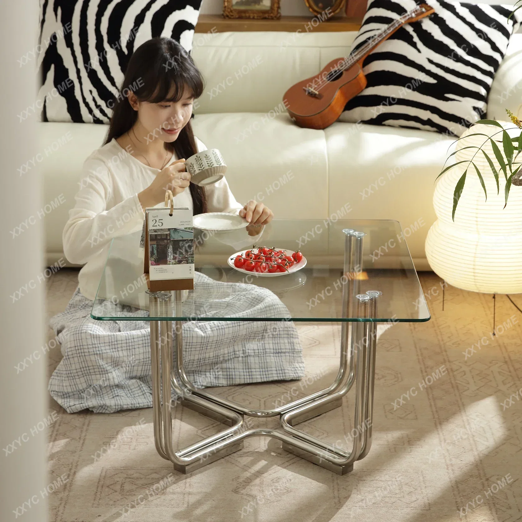 

Medieval stainless steel glass household small apartment living room sofa side coffee table simple balcony table