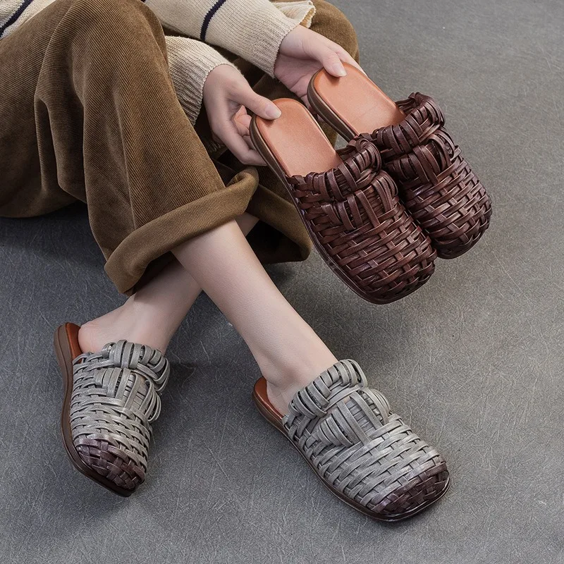 Birkuir Retro Weave Closed Toe Slippers For Women Flat Heel Slides Luxury Slip On Outdoor Beach Slippers Genuine Leather Slides