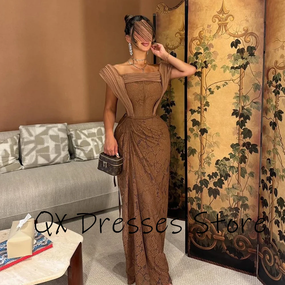 Customized Square Collar Brown Lace Evening Dress Pleat Sleeveless Mermaid Party Dress Slit Floor Length Prom Gown For Women
