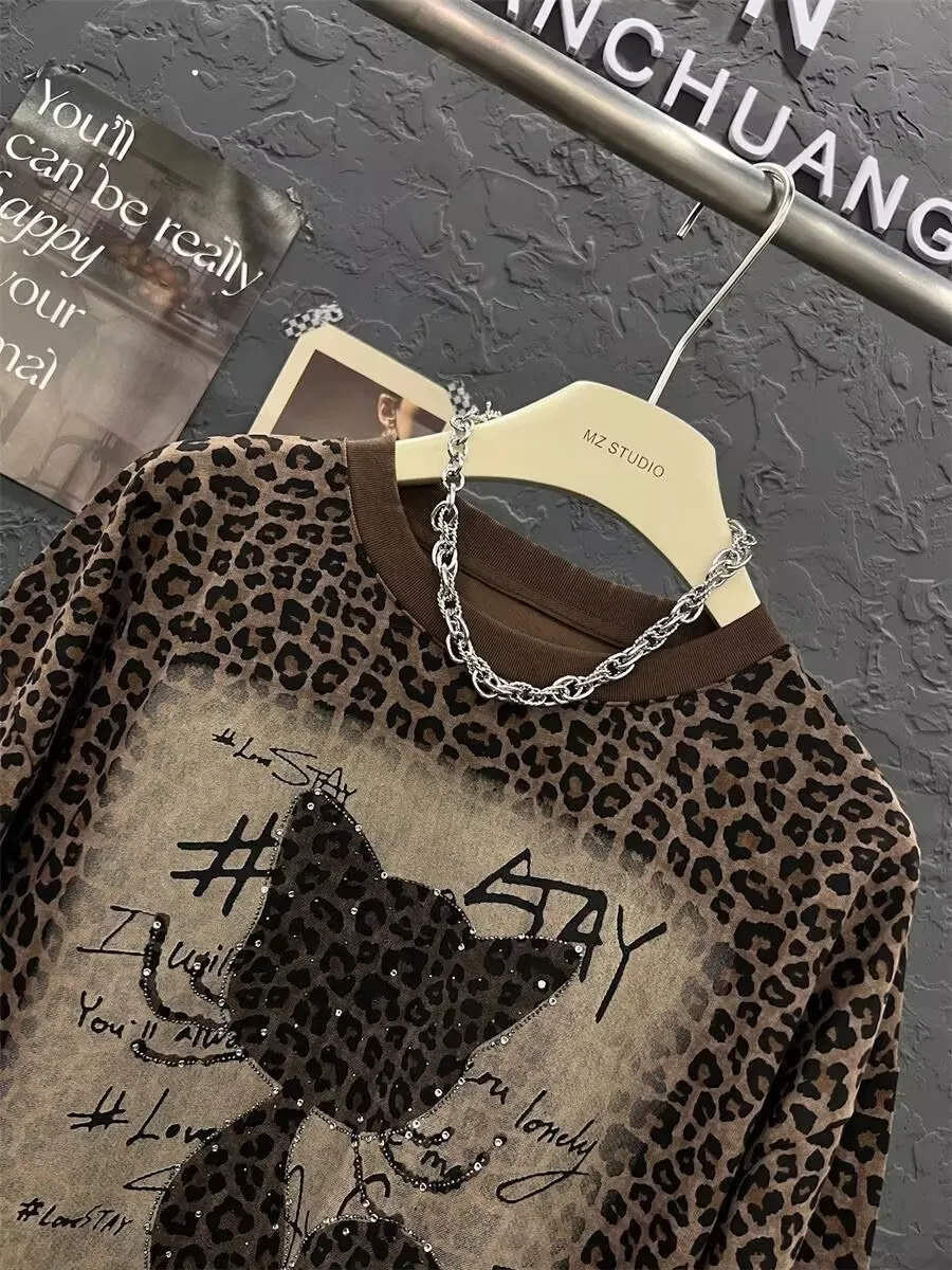 Womens Leopard Hoodie Cat Rhinestone Print Pullover