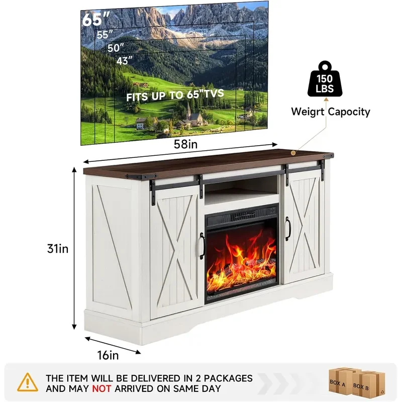 58 Fireplace TV Stand for TV up to 65 Inch with Farmhouse Tall Sliding Barn Doors Entertainment Center with Storage