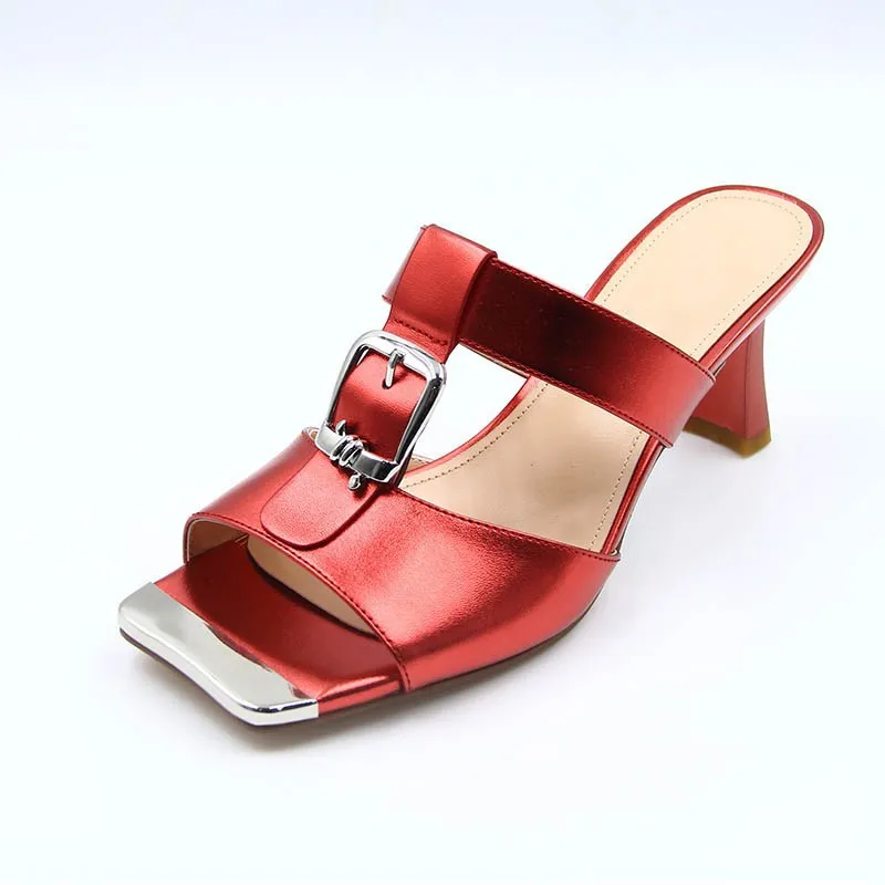 

Women's Metallic Mule Sandals Buckle Accent Square Toe Bold Chic Style for Summer Evening Events Fashion-Forward Casual Outings