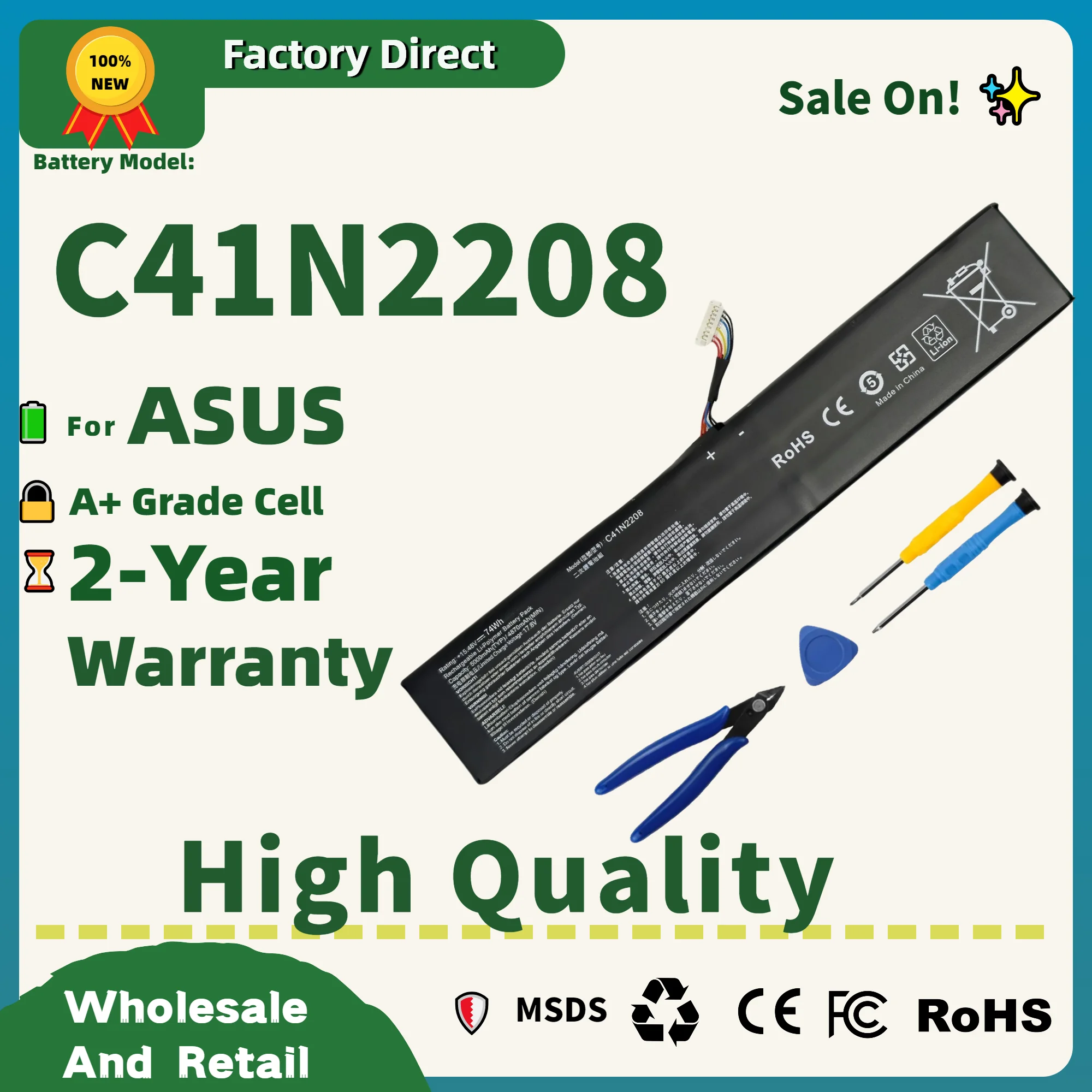 Factory Direct! C41N2208 Battery For ASUS ROG ALLY Gaming Handheld series of RC71L/PC71L high capacity of 74Wh mod upgrade
