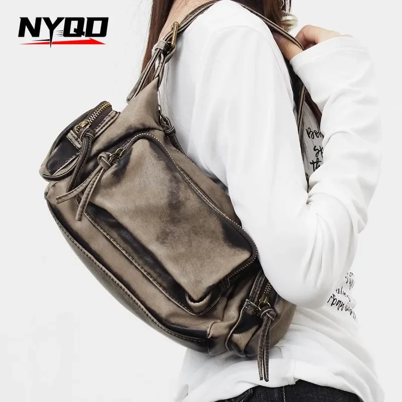 

Lady Retro Denim Punk Design Biker Bag Women Vintage Gothic Y2k Handbag Girls Large Capacity Multi-Pocket Shoulder Underarm Bag