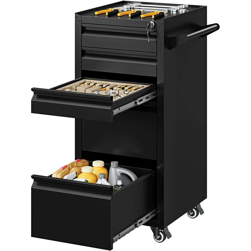 

5 Drawer Wheeled Metal Rolling Tool Chest With Lock Keys Practical Storage Cabinet For Garage Warehouse Workshop Use