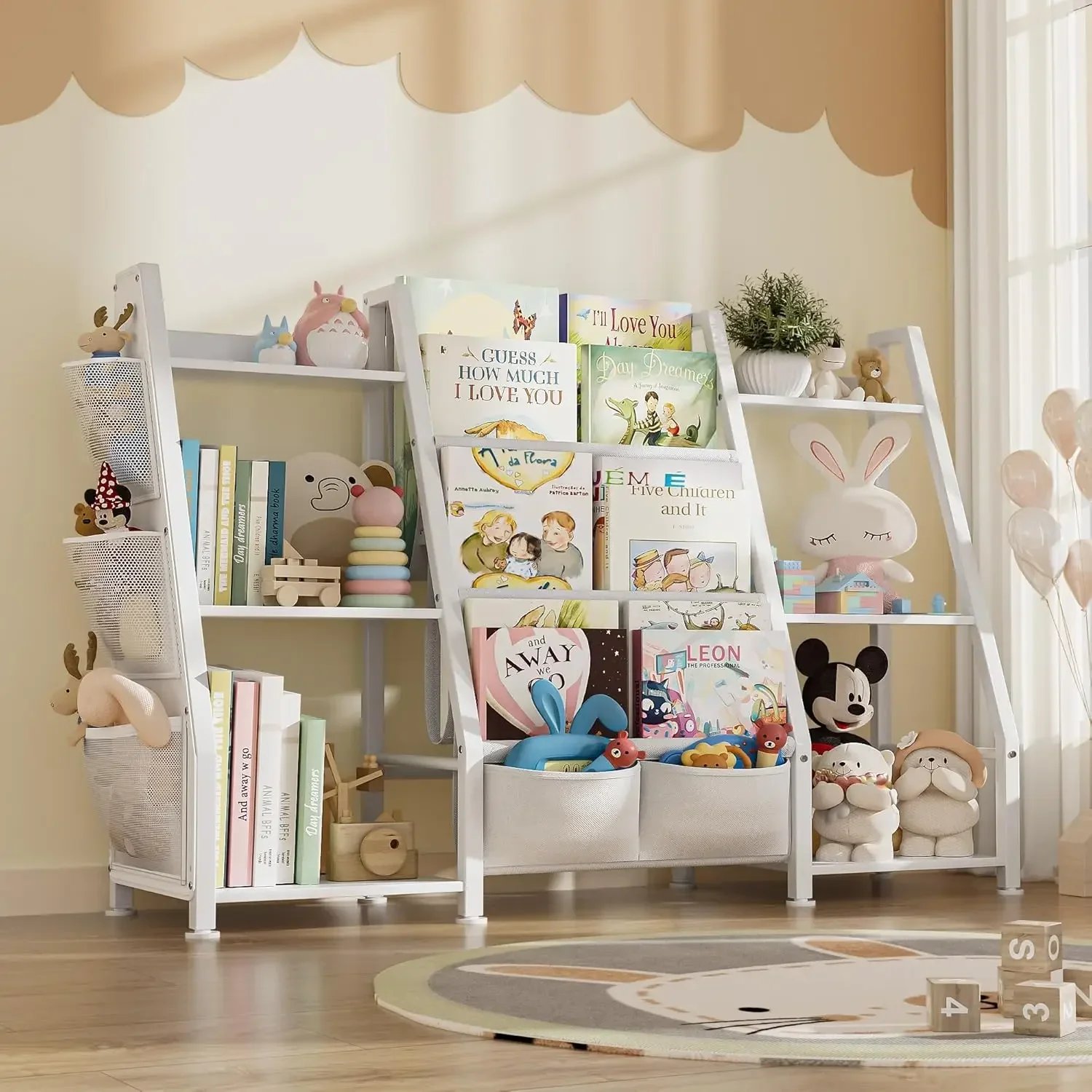 Grande bibliothèque de rangement pour enfants, étagère à livres à 3 niveaux, étagère à jouets pour tout-petit, présentoir T1 avec 3 poches pour chambres d'enfants