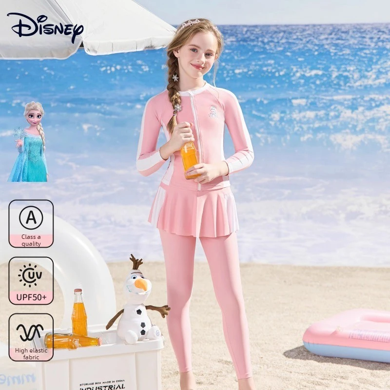 

Disney Big Kids Girls Long Sleeve Three-Piece Split Swimsuit Set UV Protection High Stretch for Hot Spring Beach Pool Vacation