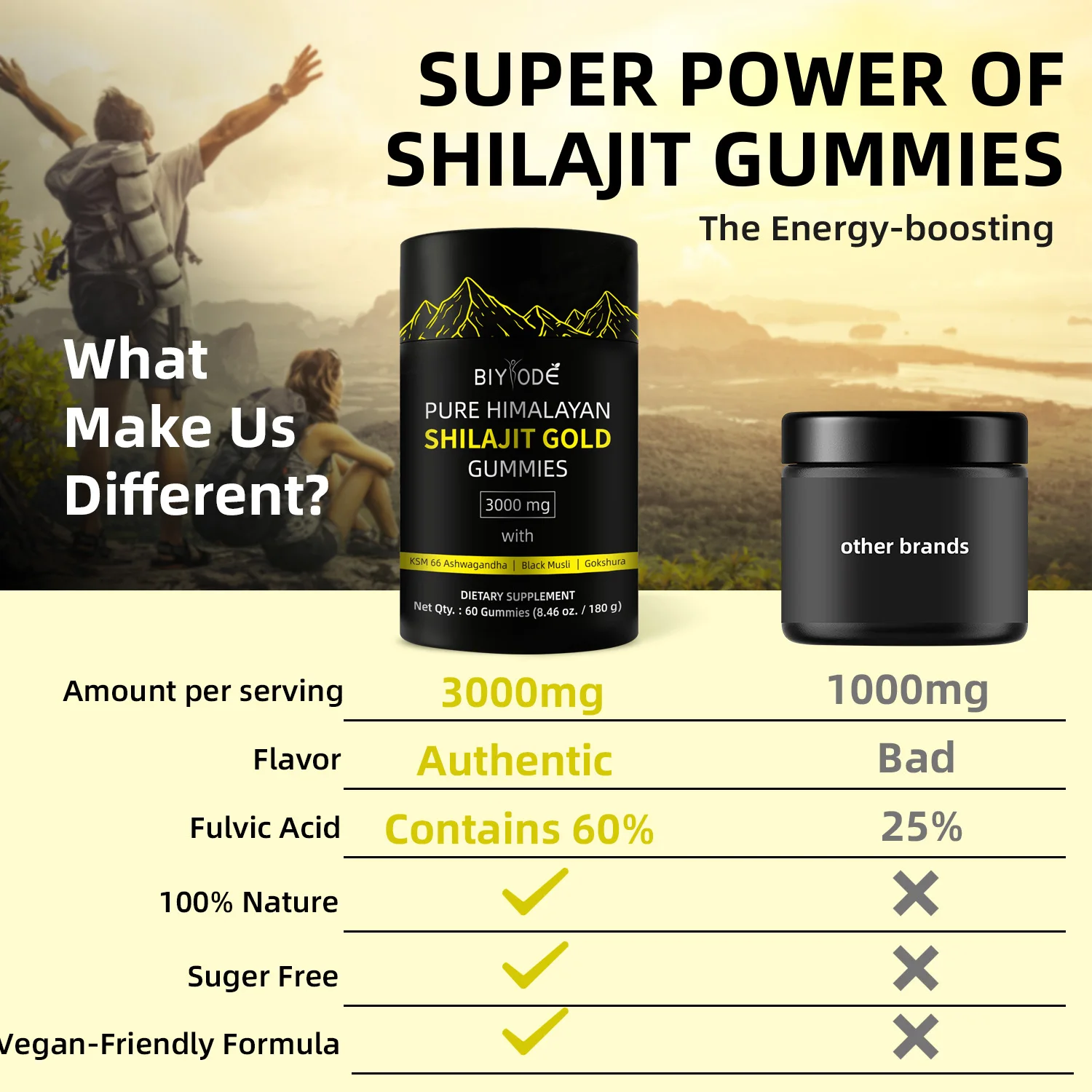 BIYODE 3000mg Pure Himalayan Shilajit Gummies Containing 85+Trace Minerals Supplement Vegetarian Easy Independent Packaging