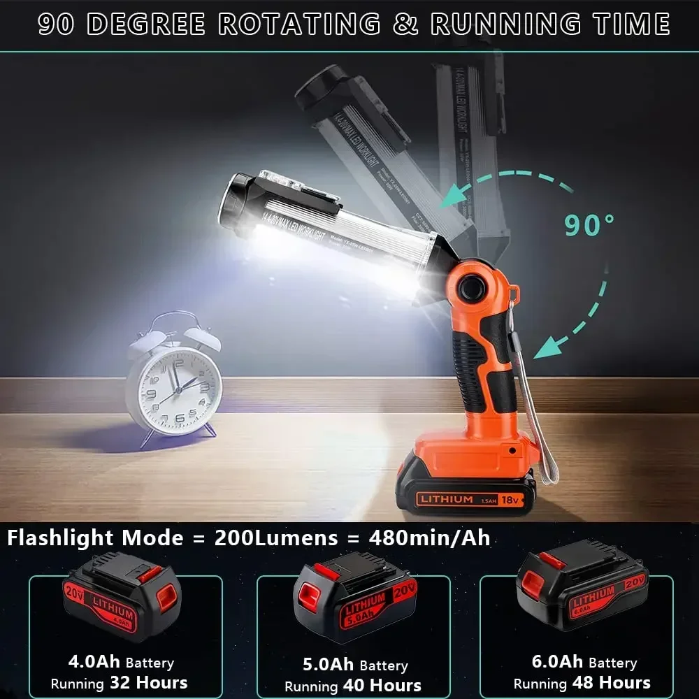 Luz LED de trabajo, linterna para exteriores, luz portátil para acampar, batería recargable para Black & Decker, batería de iones de litio de 20V con gancho