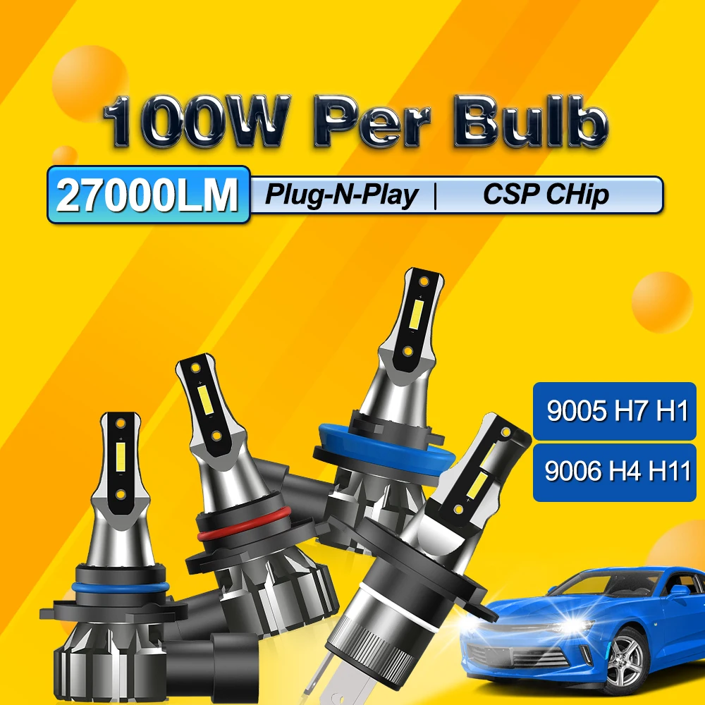 

27000LM Turbo H7 H11 LED Headlight Bulbs 6000K CANBUS Lights H4 9012 9005 HB3 9006 Mini Lamp 3580 CSP Wireless Plug and Play