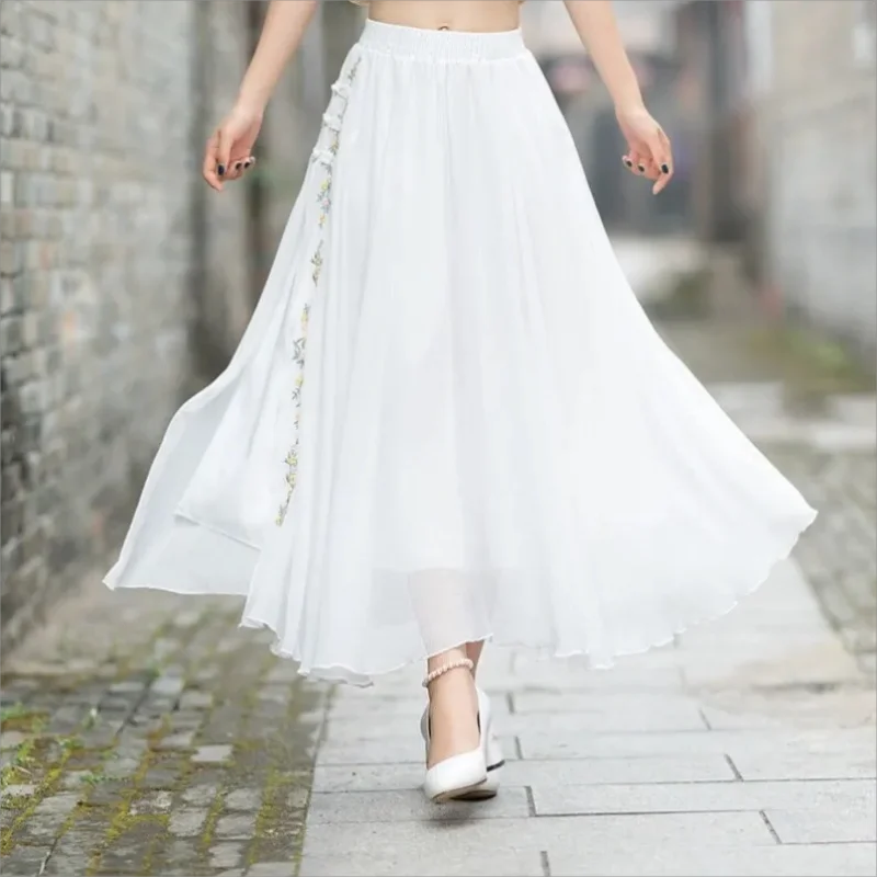 2024 Summer Chinese Style Women's Skirt Comfortable Retro Women's All-match Mid-Length Embroidered Chiffon Skirt White