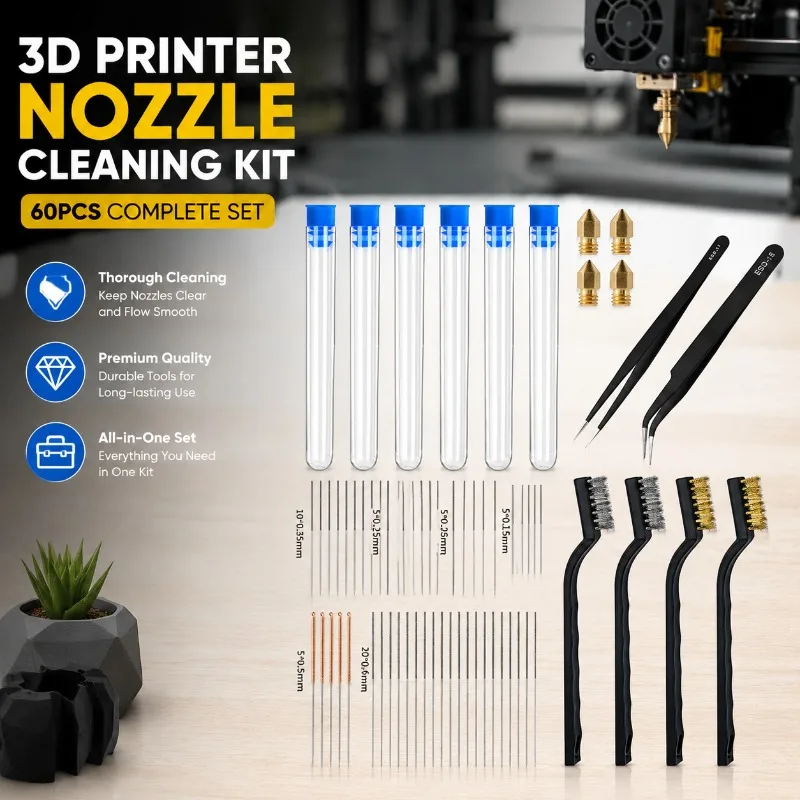 3D Printer Nozzle Cleaning Kit 60pcs, MK8 Brass Nozzle Cleaner Tool Set with Cleaning Needles, Tweezers, Brush for 3D Printer