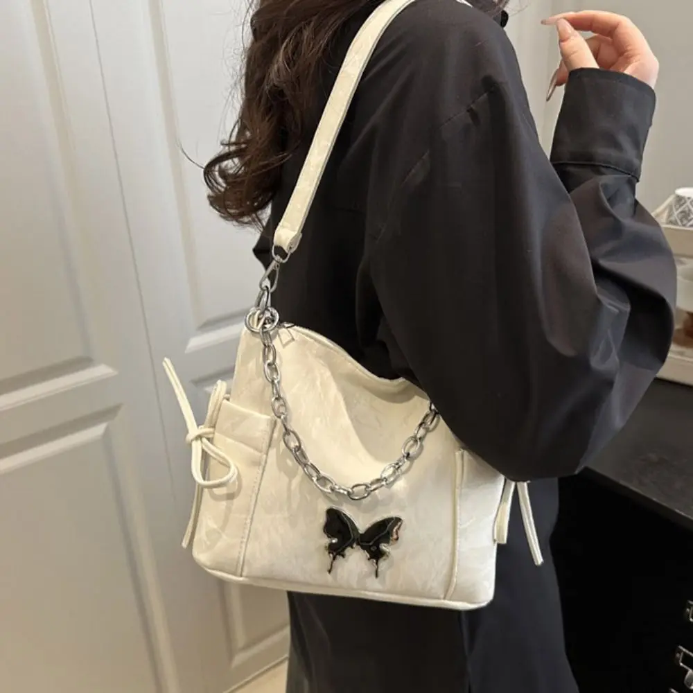 

Butterfly Decor Silver Butterfly Handbags Metal Chain Pearls Chain Drawstring Shoulder Bag Korean Style Large Capacity