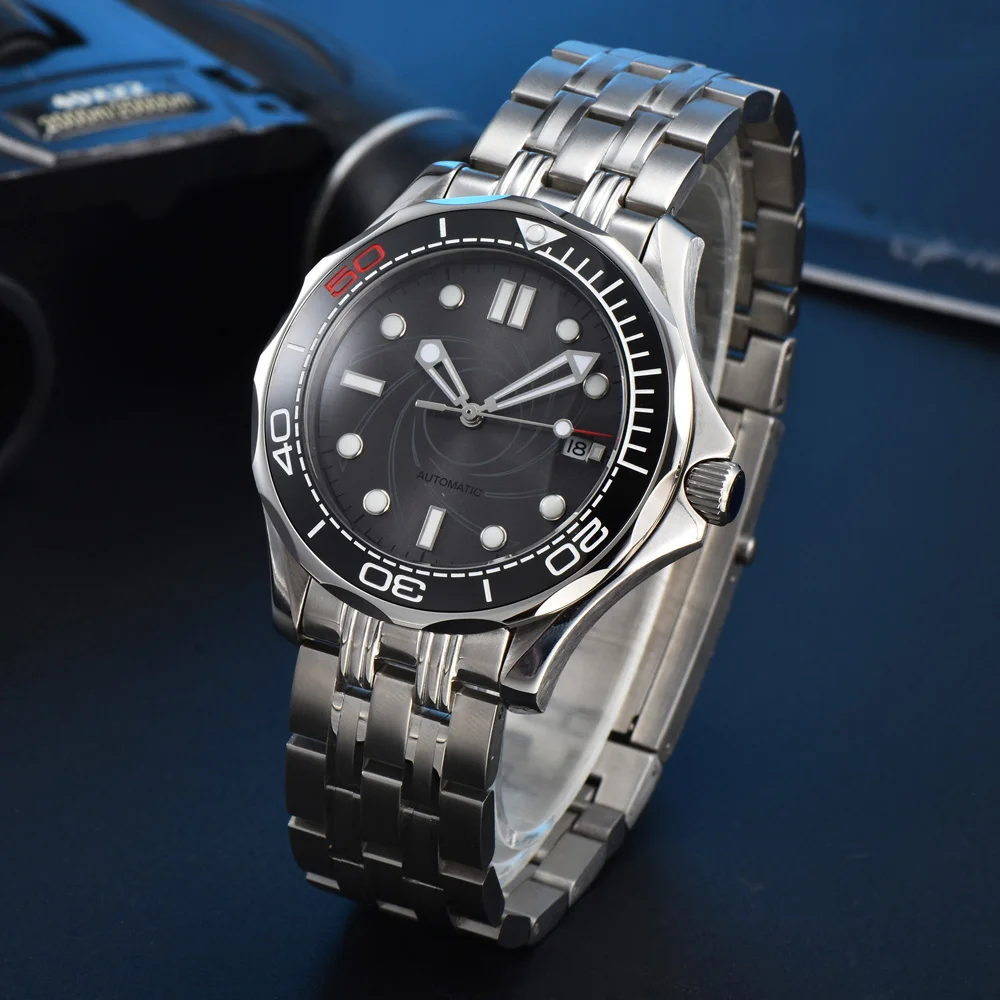 New Automatic Mechanical Watch for Men Dive 41mm Black Spiral Dial High Hardness Mineral Stainless Steel Glass 8215 Movement