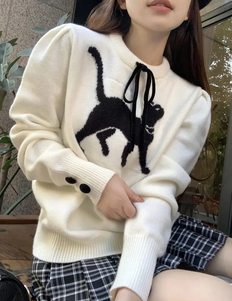 

Fashion Sweet Pullovers for Women Bow Patchwork Cartoon Jacquard Long Sleeve Sweaters Autumn