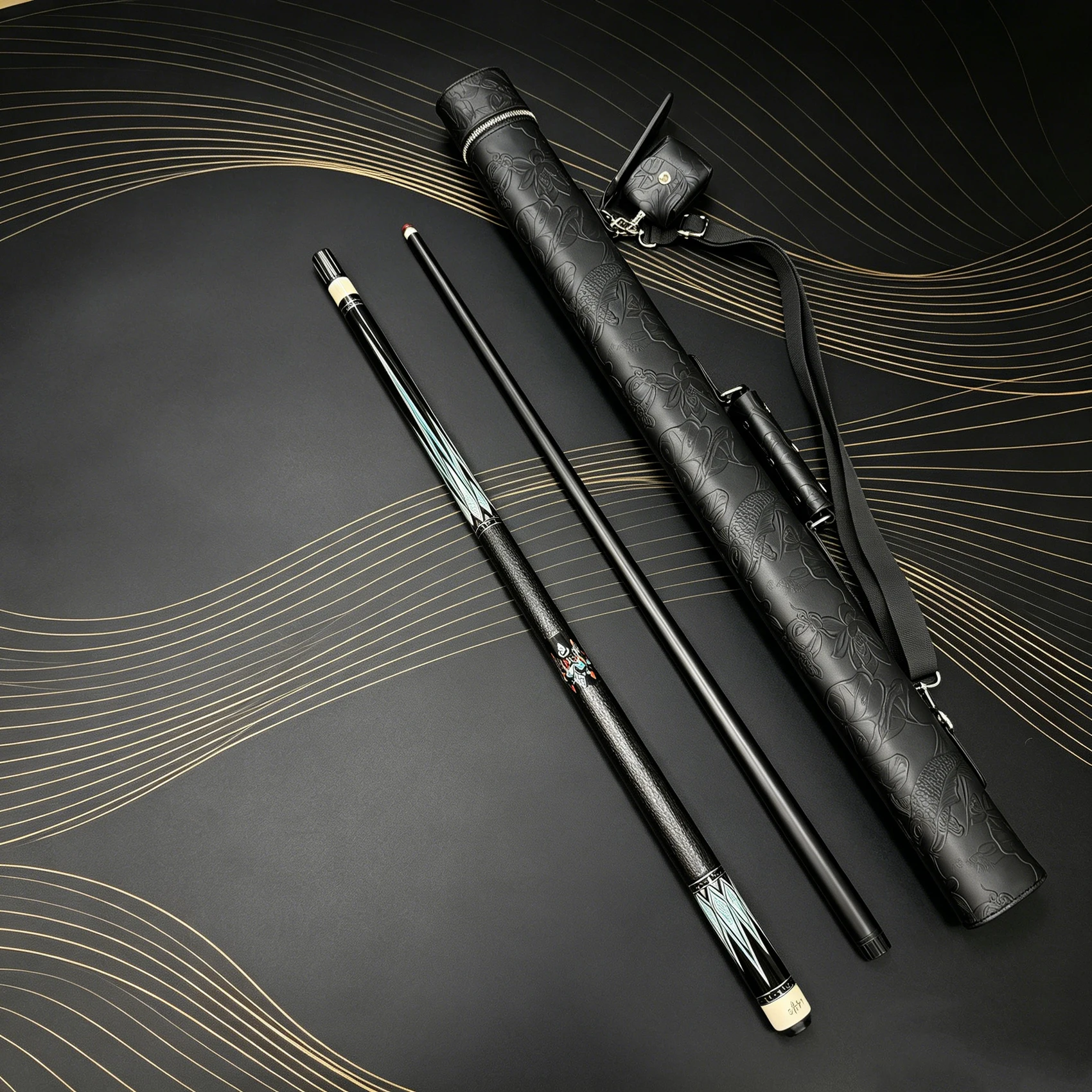 12.5 mm Tip Art Decor Billiard Cue, Unique Pattern & Wrap Grip, Matching Embossed Fish & Lotus Cue Case