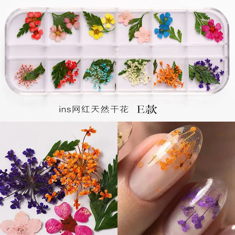 12 Kleur/Doos Nageldecoratie 3d Gedroogde Bloem Natuurlijke Bloemen Gemengde Droge Bloem Diy Sieraden Bedels Uv Gel Polish Nail Art Stickers