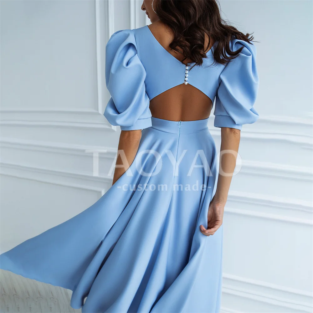 Gorgeous A-Line Scoop Neck Evening Dresses Puff Short Sleeves Sky Blue Party Dresses Backless Prom Gowns Robe De Soirée Vestido