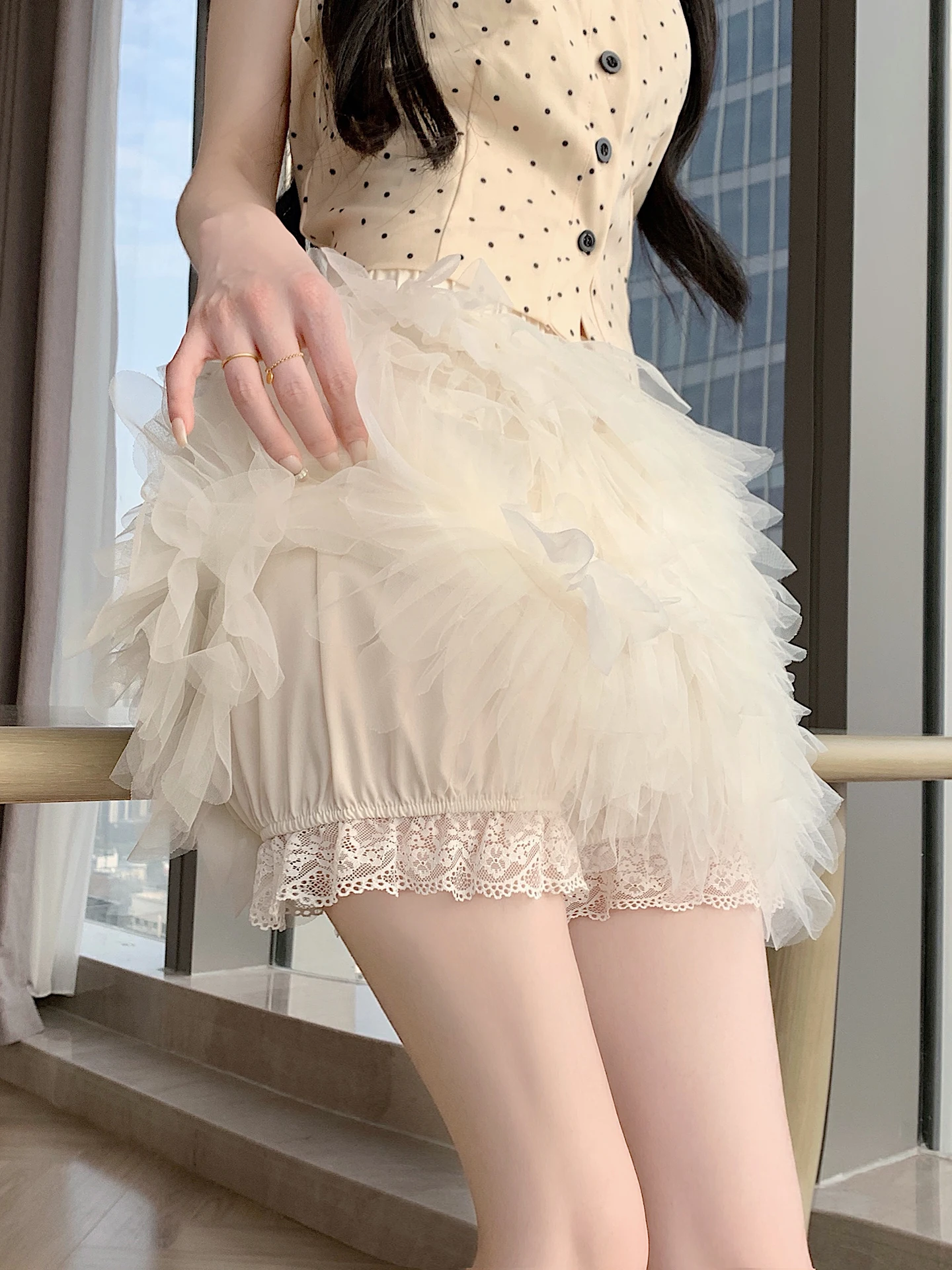 バレエスタイルプリーツメッシュパネルミニスカートハイウエストスリムaラインボディコンスカートセクシーガールパフィーケーキスカート通勤韓国版