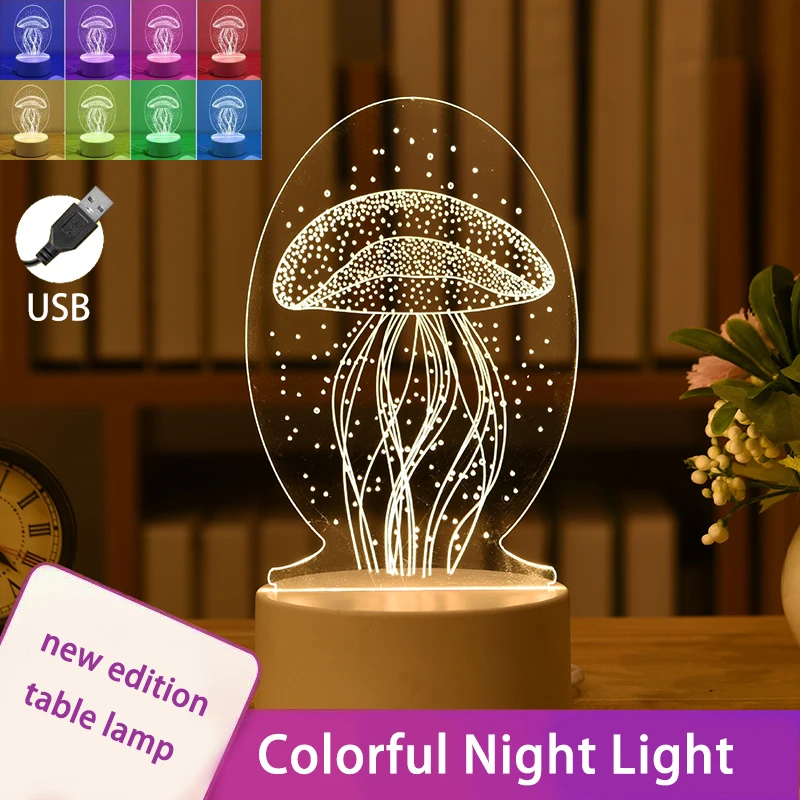 1 3D night light with 7 color gradient touch switches, USB jellyfish table lamp, used for holiday gifts and home decoration