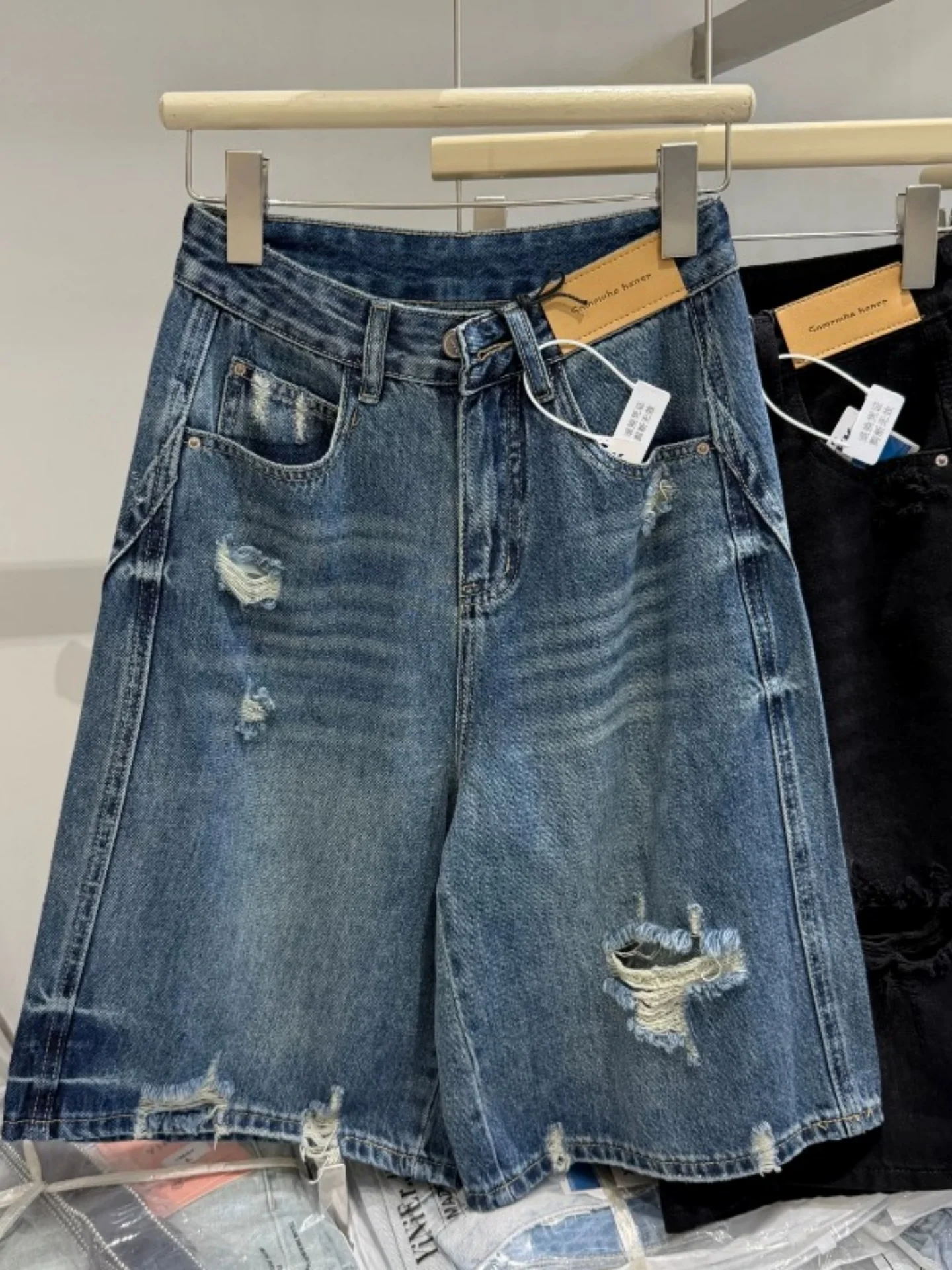 

Summer 2026 High Waist Wide Leg Denim Jeans Women's Spicy Style Straight Cut Five Parts Pants Casual Loose Fit Blue Cotton