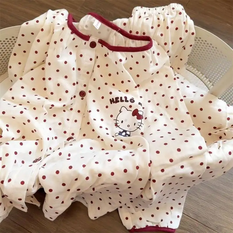 

Kawaii Sanrio Hello Kitty Anime Figuret Women's Pajamas Polka Dot Long-Sleeved Trousers Pajamas Cardigan Casual Home Wear Set