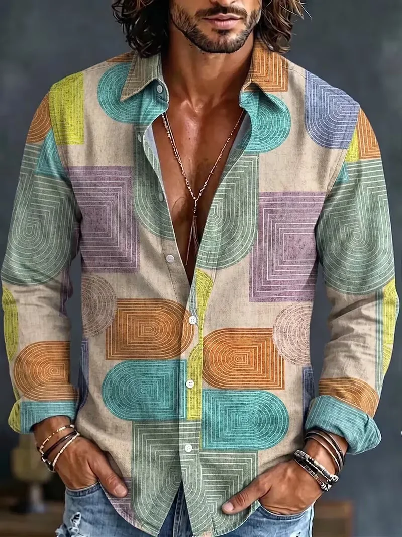 New men's contrasting checkered dot mottled vintage printed long sleeved shirt with textured lapel outdoor top