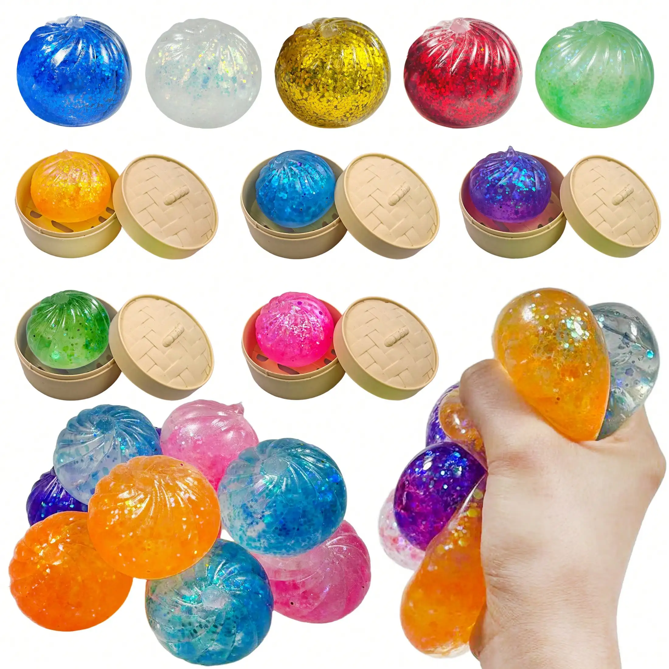 

Glitter Jelly Bun Squishy: Maltose Texture Slow Rebound Dumpling with Steamer, Aesthetic Taba Squeeze Toy, Office Relief