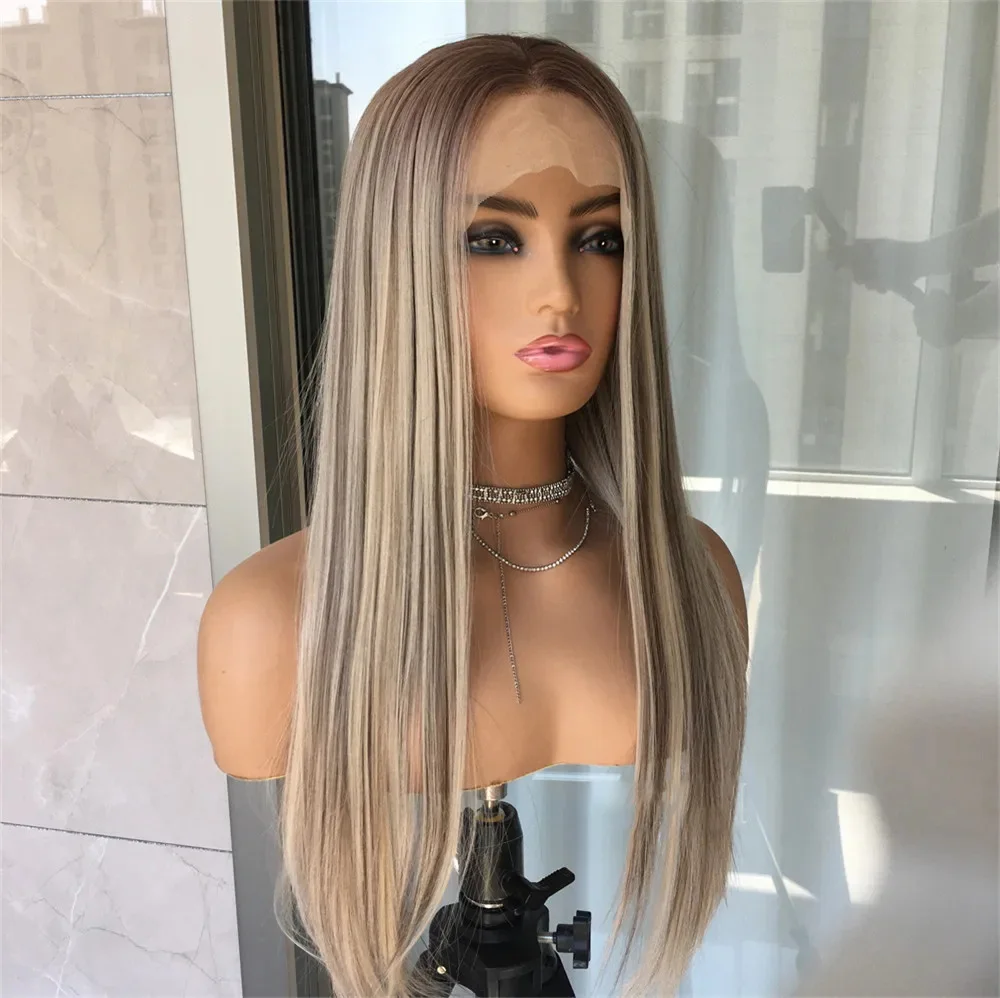 Soft Preplucked 180Density 26Inch Long Highlight Ash Blonde Straight Lace Front Wig For Black Women Baby Hair Glueless Daily