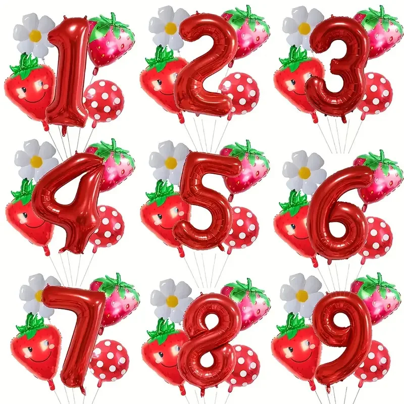 

﻿ 5pcs Birthday Theme Strawberry And Red Polka Dot Digital Creative Balloon Set Suitable Birthday Parties And Celebrations Deco
