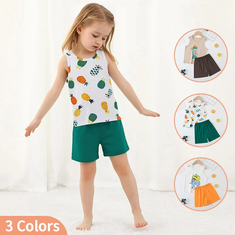 Summer 2-Piece Children's Fashionable Casual Cute Printed Set for Boys and Girls Comfortable Round Neck Vest, Solid Color Shorts