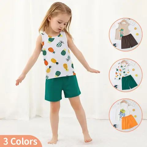 Summer 2-Piece Children's Fashionable Casual Cute Printed Set for Boys and Girls Comfortable Round Neck Vest, Solid Color Shorts