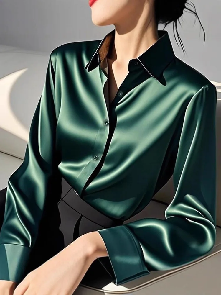 

Elegant Shirt Satin Acetate Chic Shirt Long Sleeve Office Shirt Casual Fashion Chic Top Suitable For Work And Parties
