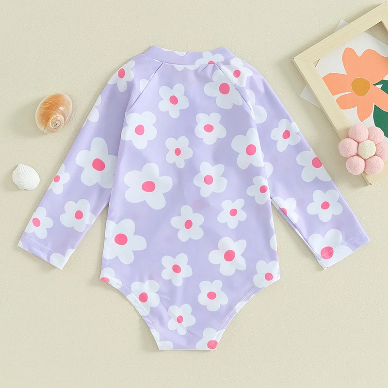 

Toddler Infant Baby Girl Swimsuit Long Sleeve Rash Guard Floral Zipper Bathing Suit Ruffled Beach Wear