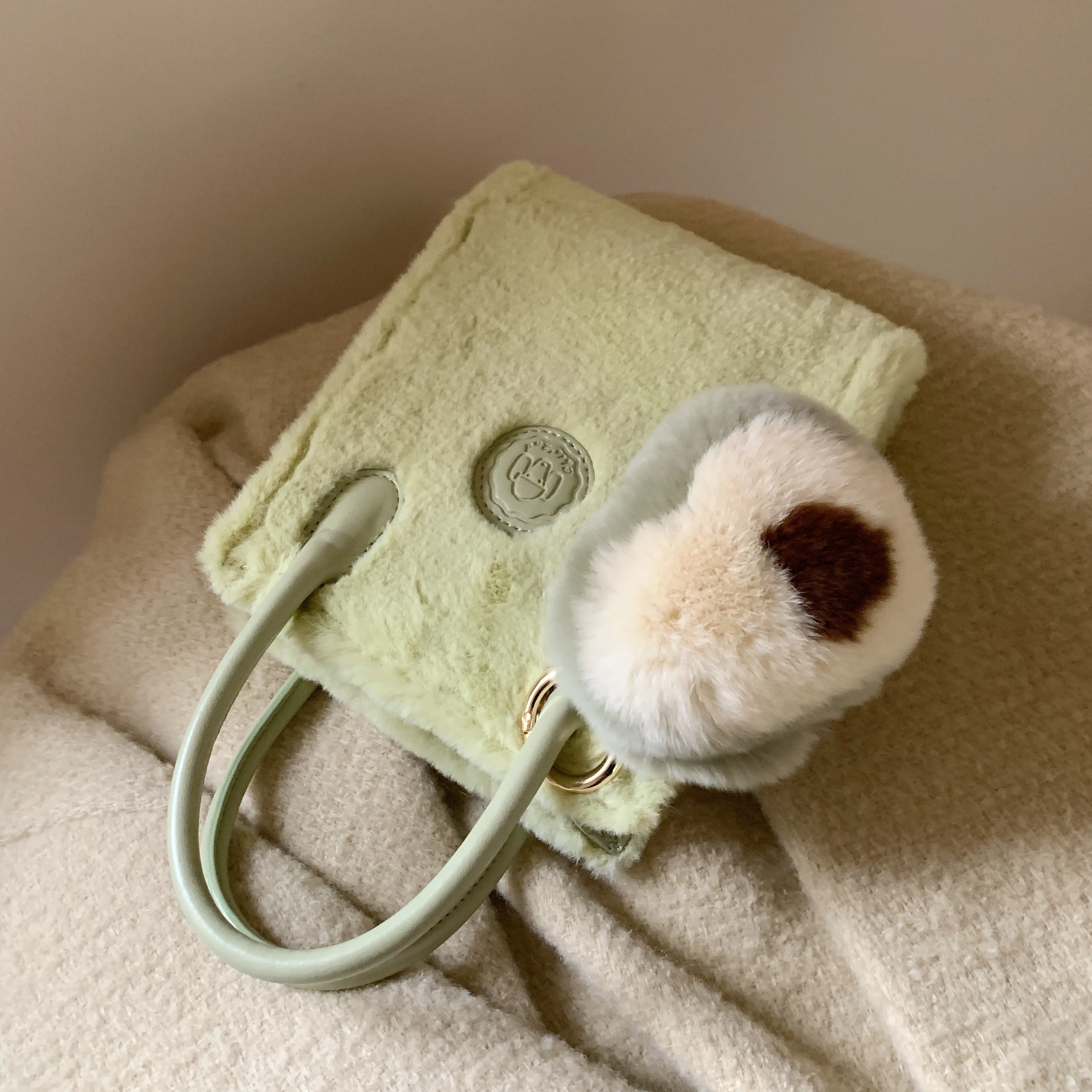 Avocado Green Woollen Bags for Women Mini Plush Purse Soft Crossbody Bags with Fur Luxury Designer Handbag Tote Messenger Bag