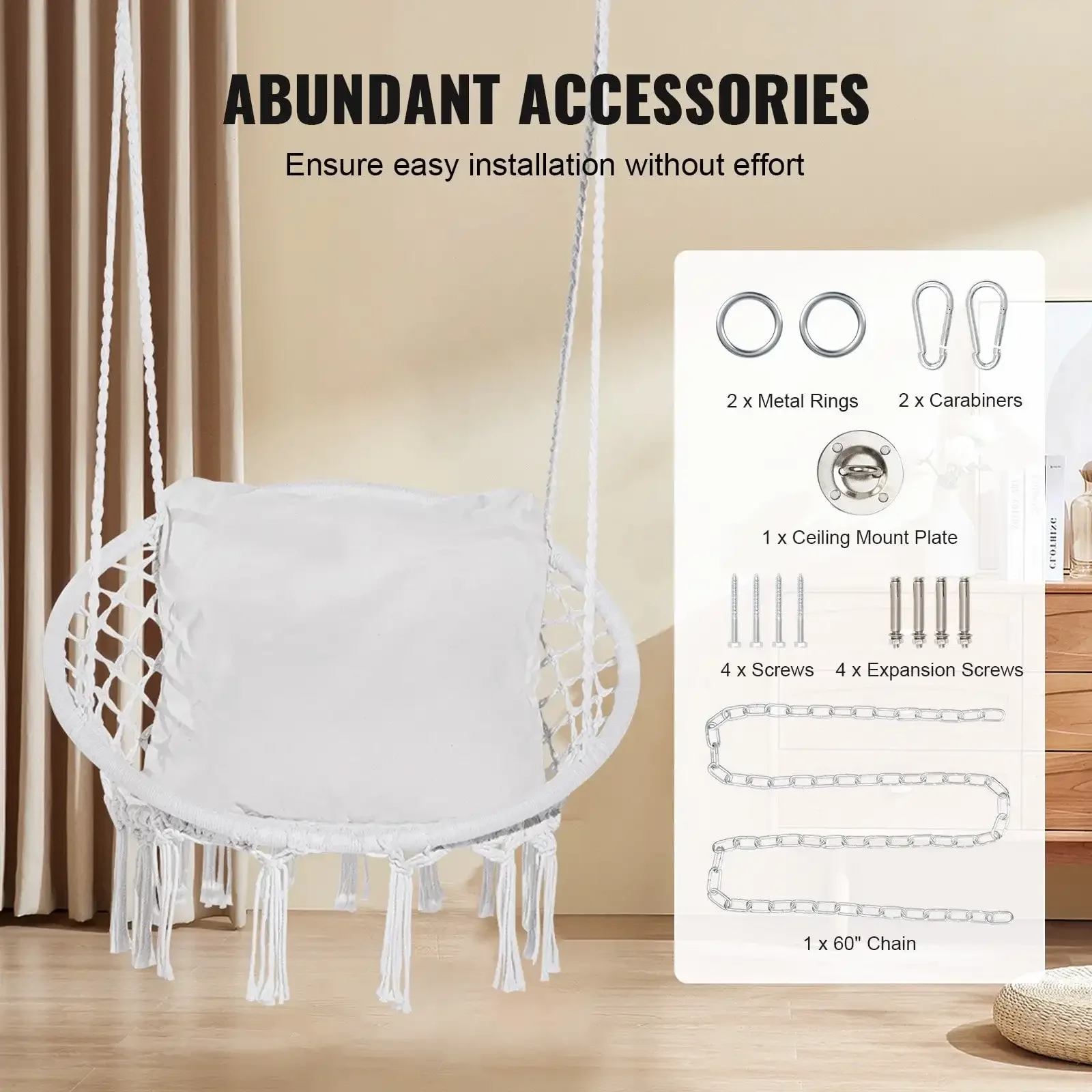 Cadeira de balanço de rede Macrame Cadeira suspensa com almofada interna externa