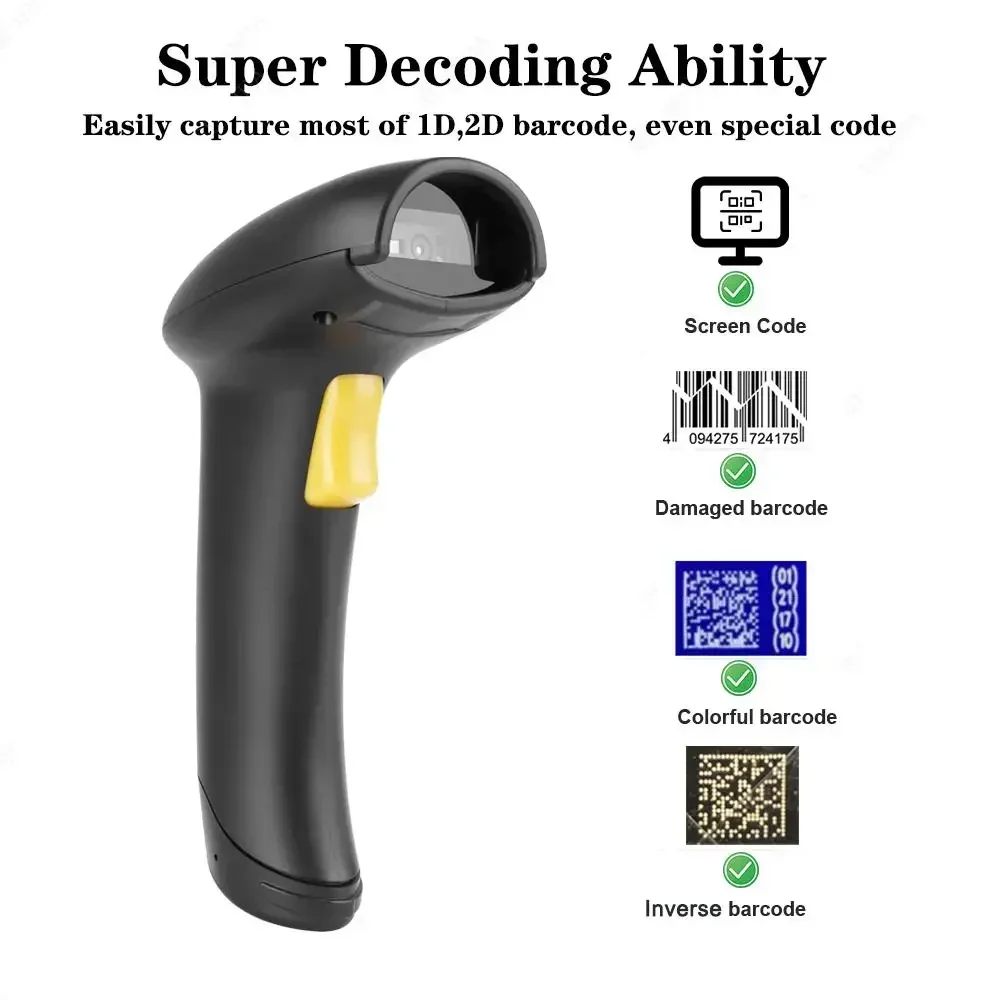 السلكية المحمولة ماسح الباركود 1D 2D Qr قارئ الرمز السلكية USB المحمولة PDF417 DM رمز الباركود الماسح الضوئي 2d لمتجر المتجر