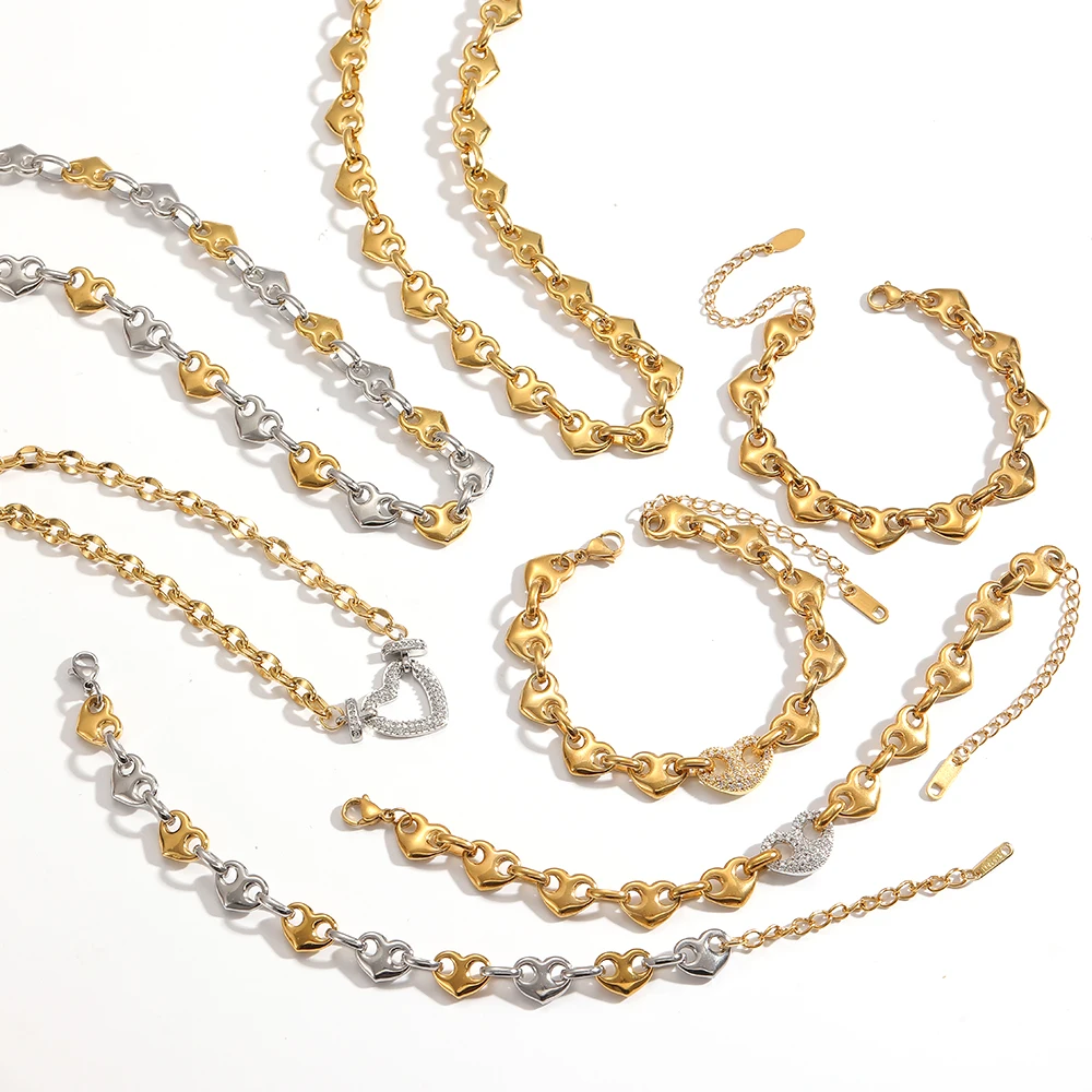 Fashion Stainless Steel Gold Color Heart Bracelet Necklace Set Micro Inlaid Rhinestone Heart Love Pendant Jewelry Gifts