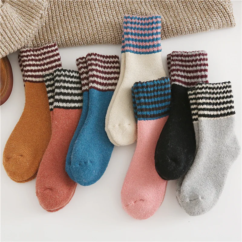 3 Pairs Winter Women Wool Socks Striped Super Thick Against Cold Snow Terry Warm Cozy Cashmere Crew Socks