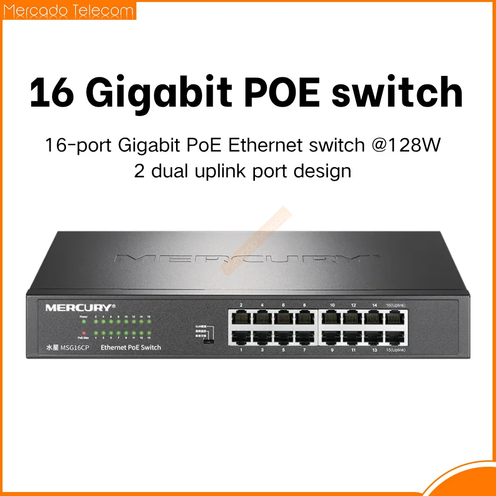 Mercury 16 Port Gigabit PoE Ethernet Switch @128W 2 Dual Uplink Port Design, Plug-and-play Monitoring Network Splitter MSG16CP